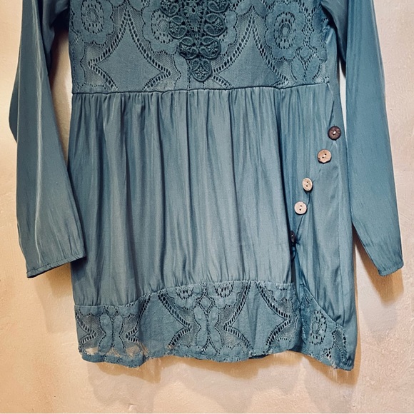 🪶3/$35 Boho Sage Romantic Crochet & Lace Lined L/S Babydoll Style Blouse-S - Picture 3 of 16
